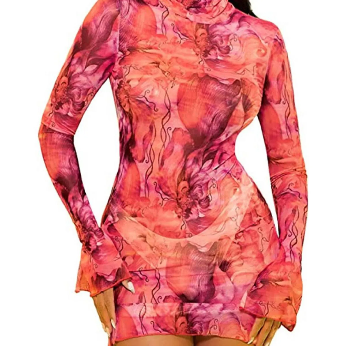 Abito in rete con stampa artistica stampata per donna Mini abito aderente trasparente Dolcevita floreale trasparente divis