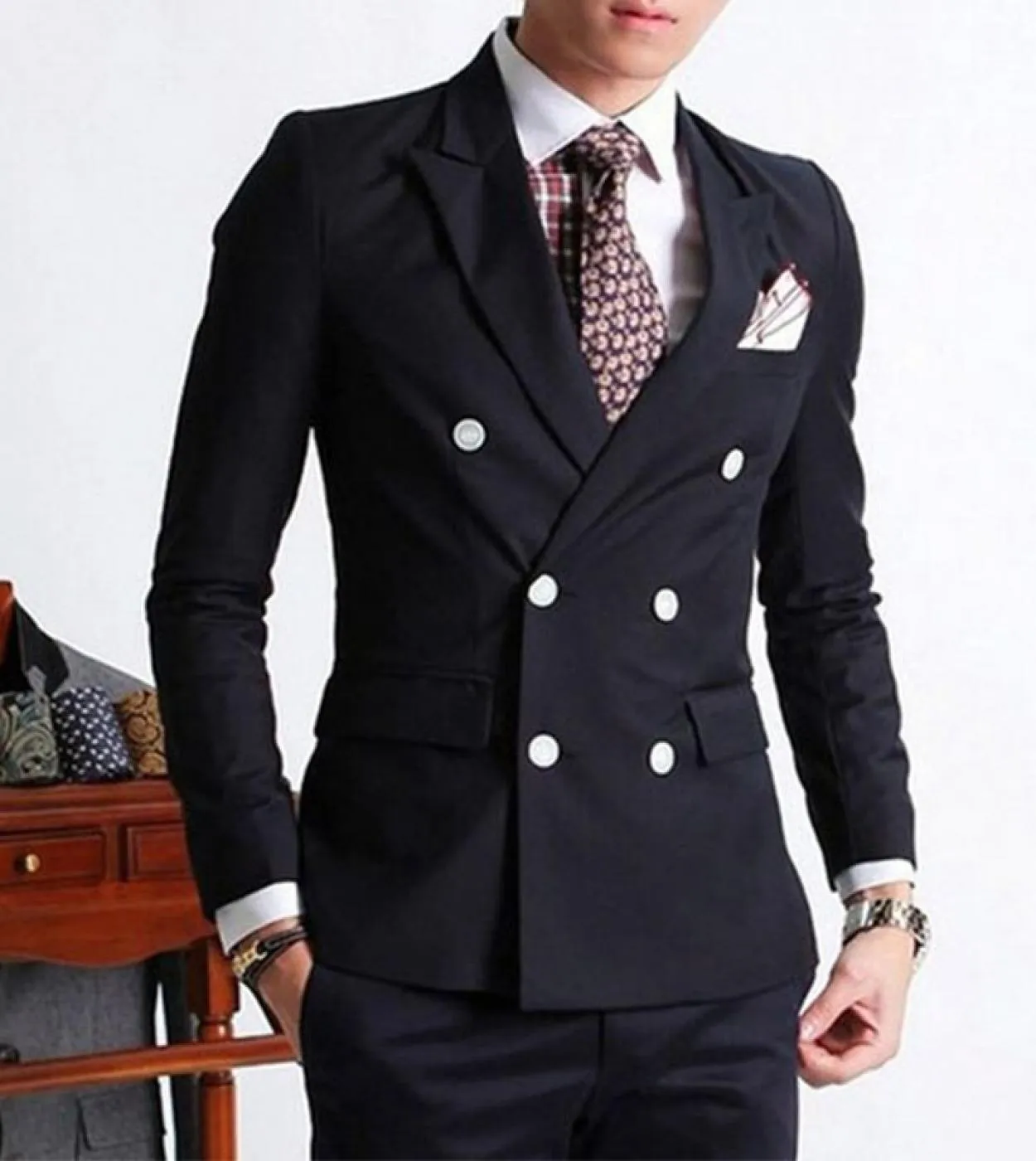 Customize Double Breasted Side Vent Groom Tuxedos Dark Blue Peaked Lapel Slim Fit Wedding Clothing Business Suit jacket