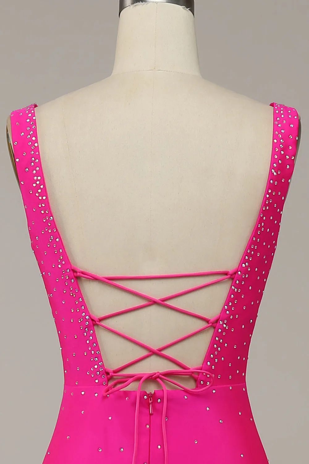 Fucsia Mermaid V-Neck Beaded Prom Dress