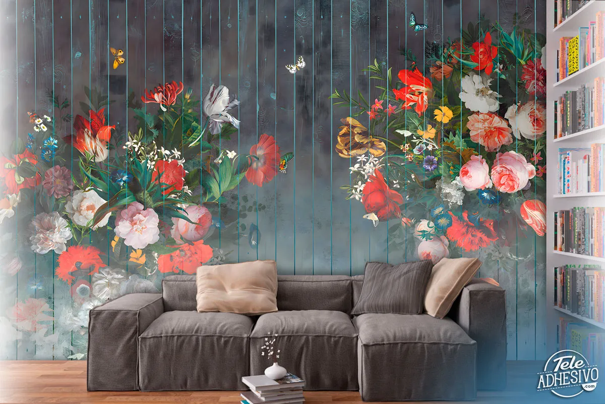Legno dipinto con fiori - FOTOMURALI