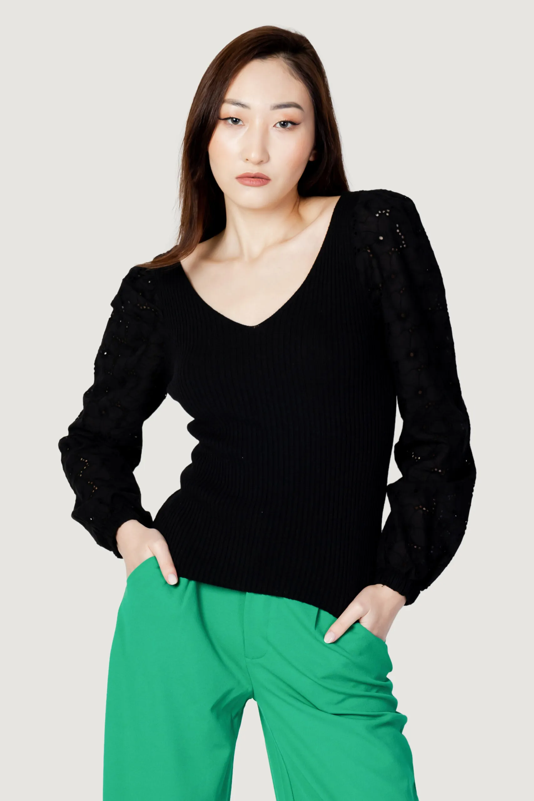 Maglia Only onlnadia ls woven mix v-neck knt Nero